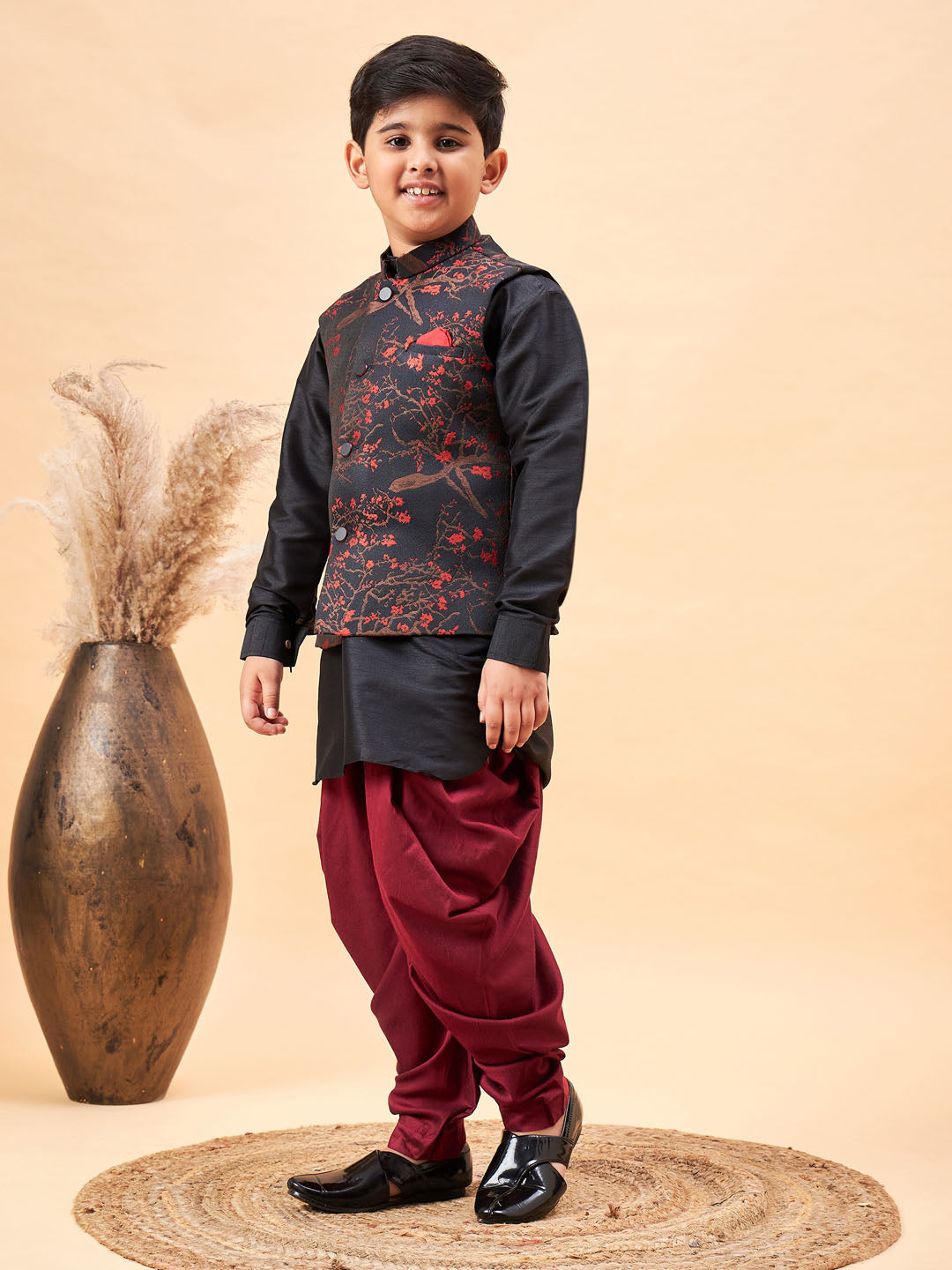 Vastramay Boys Maroon Jacquard Jacket With Black kurta and Dhoti Set - qivii
