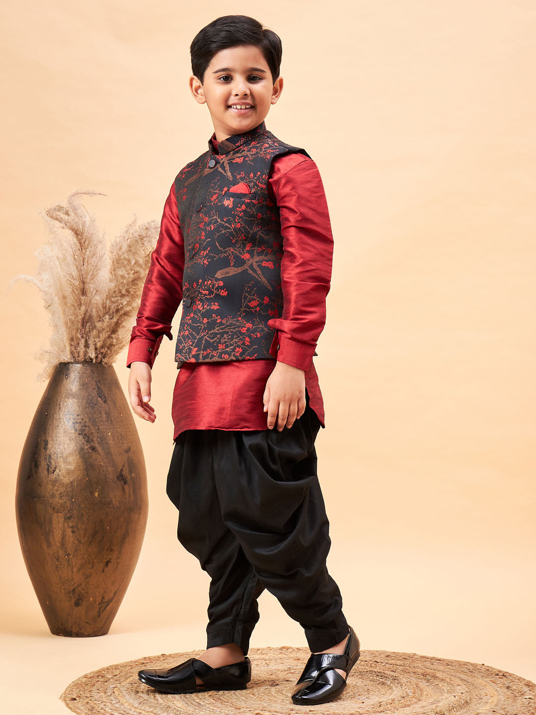 Vastramay Boys Maroon Jacquard Jacket With Maroon kurta and Dhoti Set - qivii