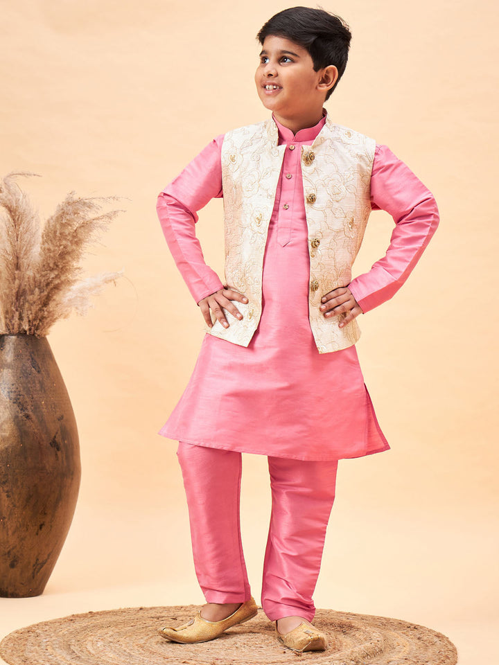 VASTRAMAY Boy's Beige Woven Nehru Jacket With Pink Kurta Pyjama Set - qivii