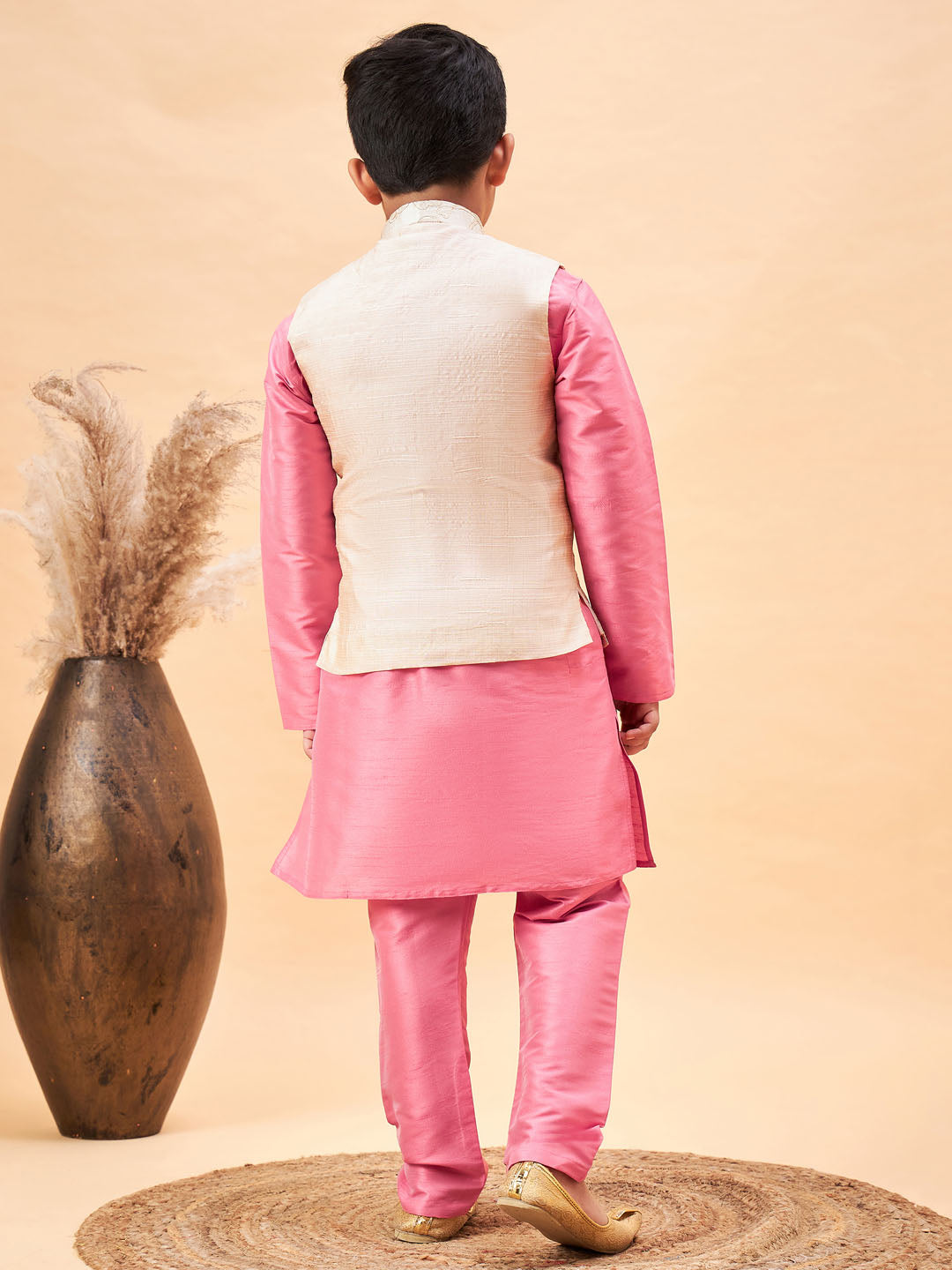 VASTRAMAY Boy's Beige Woven Nehru Jacket With Pink Kurta Pyjama Set - qivii