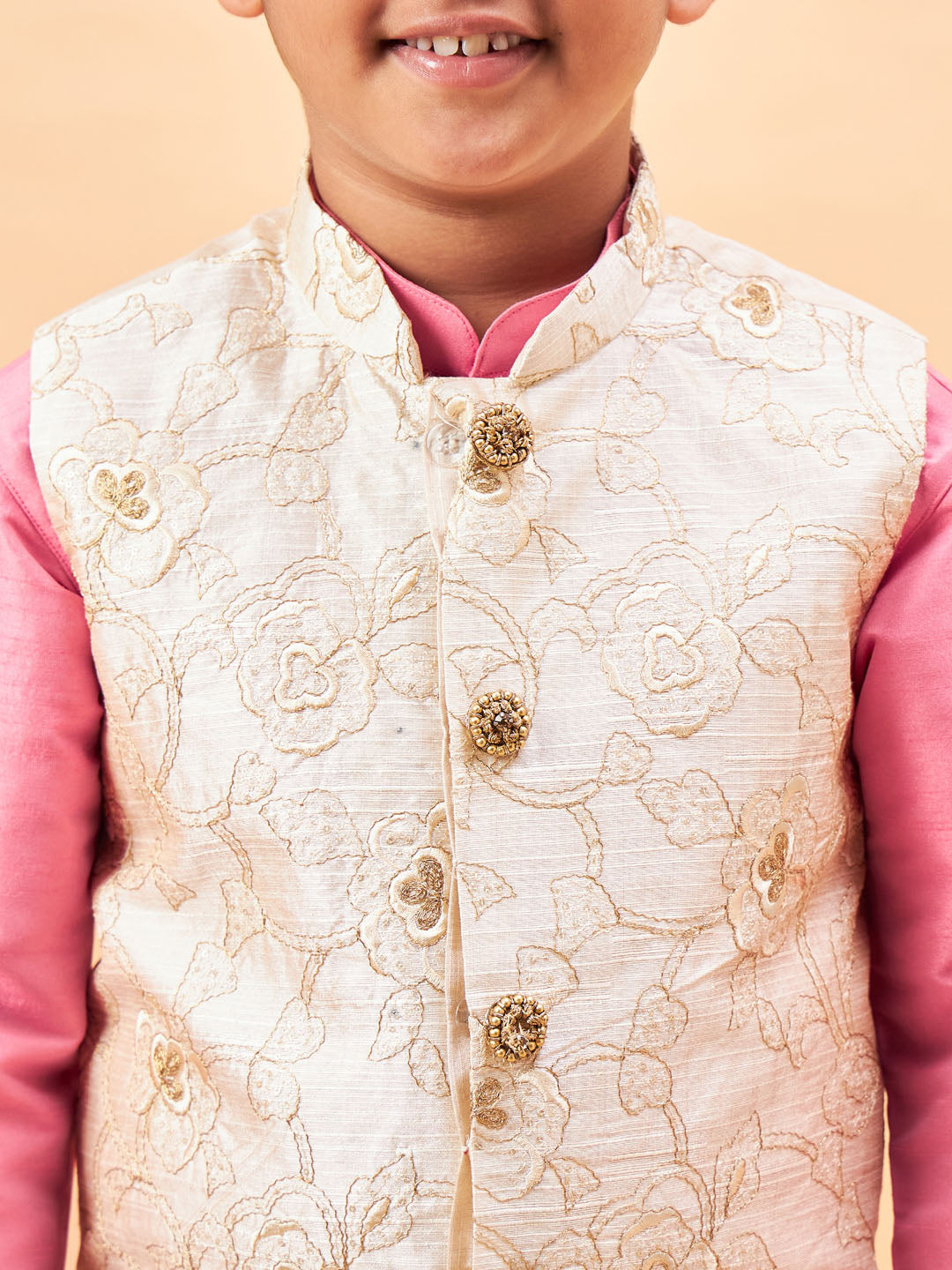 VASTRAMAY Boy's Beige Woven Nehru Jacket With Pink Kurta Pyjama Set - qivii