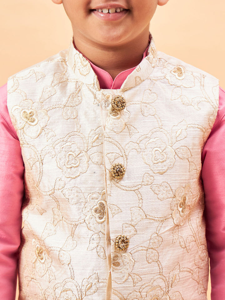 VASTRAMAY Boy's Beige Woven Nehru Jacket With Pink Kurta Pyjama Set - qivii