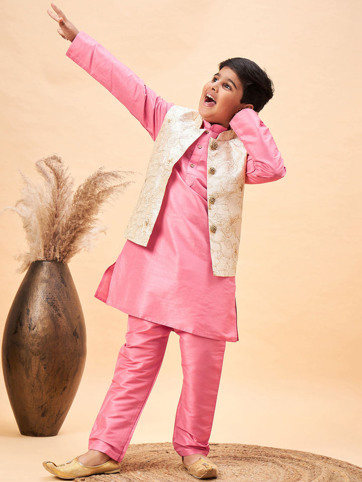 VASTRAMAY Boy's Beige Woven Nehru Jacket With Pink Kurta Pyjama Set - qivii