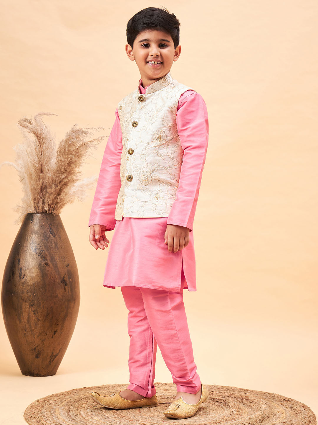 VASTRAMAY Boy's Beige Woven Nehru Jacket With Pink Kurta Pyjama Set - qivii
