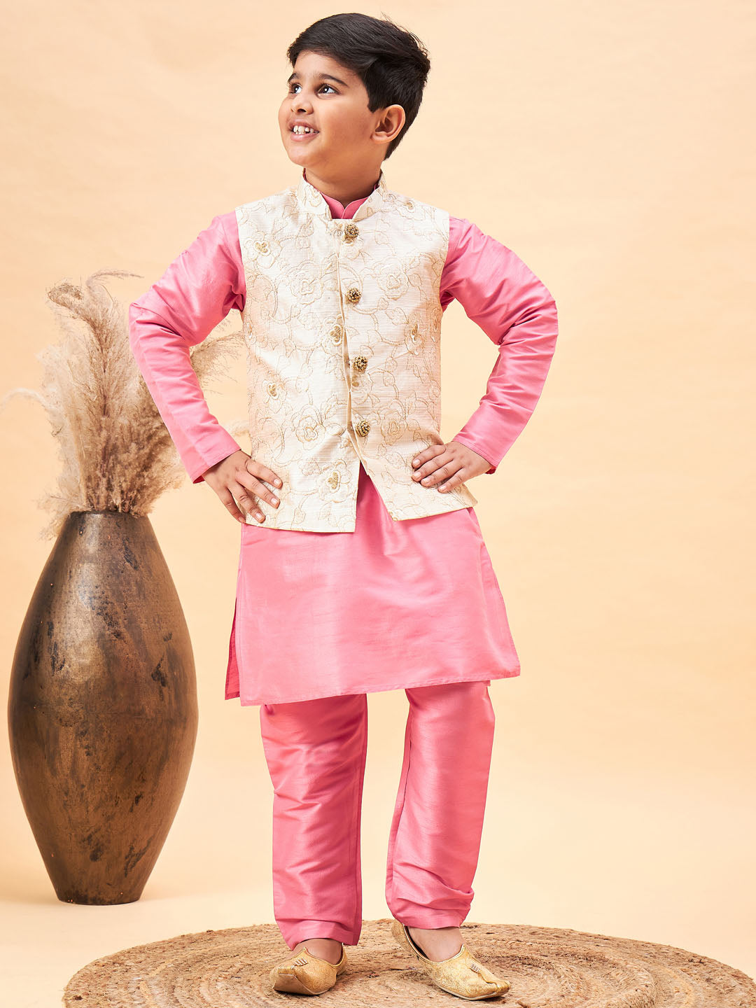VASTRAMAY Boy's Beige Woven Nehru Jacket With Pink Kurta Pyjama Set - qivii