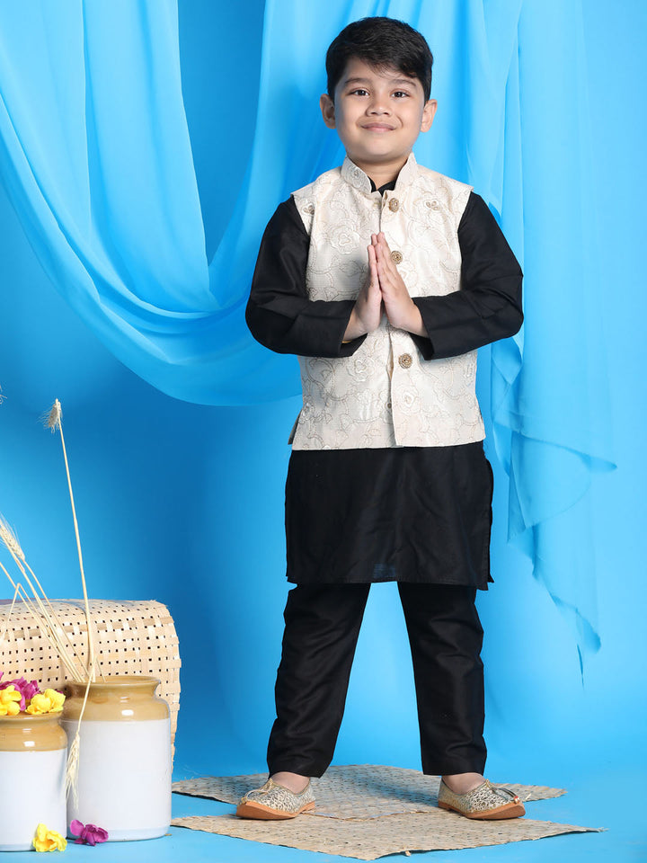 VASTRAMAY Boy's Beige Embroidered Nehru Jacket With Black Kurta Pyjama Set - qivii