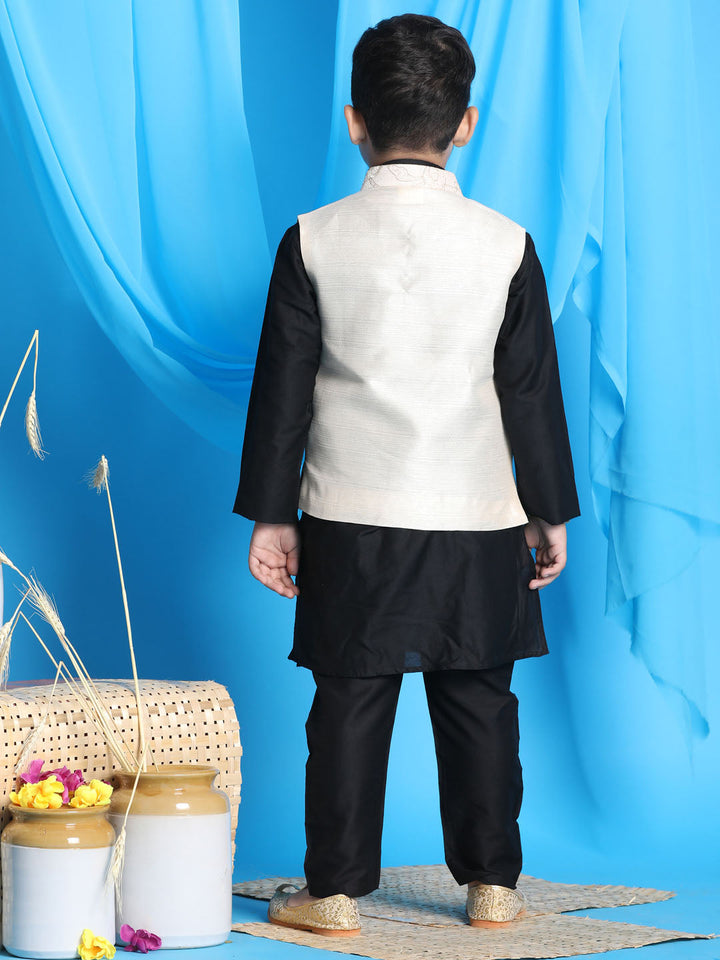 VASTRAMAY Boy's Beige Embroidered Nehru Jacket With Black Kurta Pyjama Set - qivii