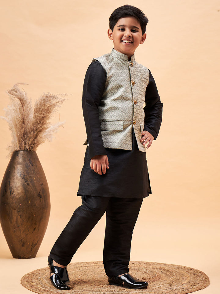 VASTRAMAY Boy's Beige Woven Nehru Jacket With Black Kurta Pyjama Set - qivii