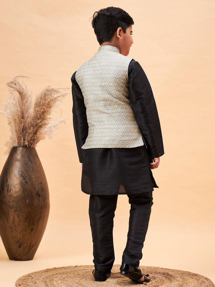 VASTRAMAY Boy's Beige Woven Nehru Jacket With Black Kurta Pyjama Set - qivii