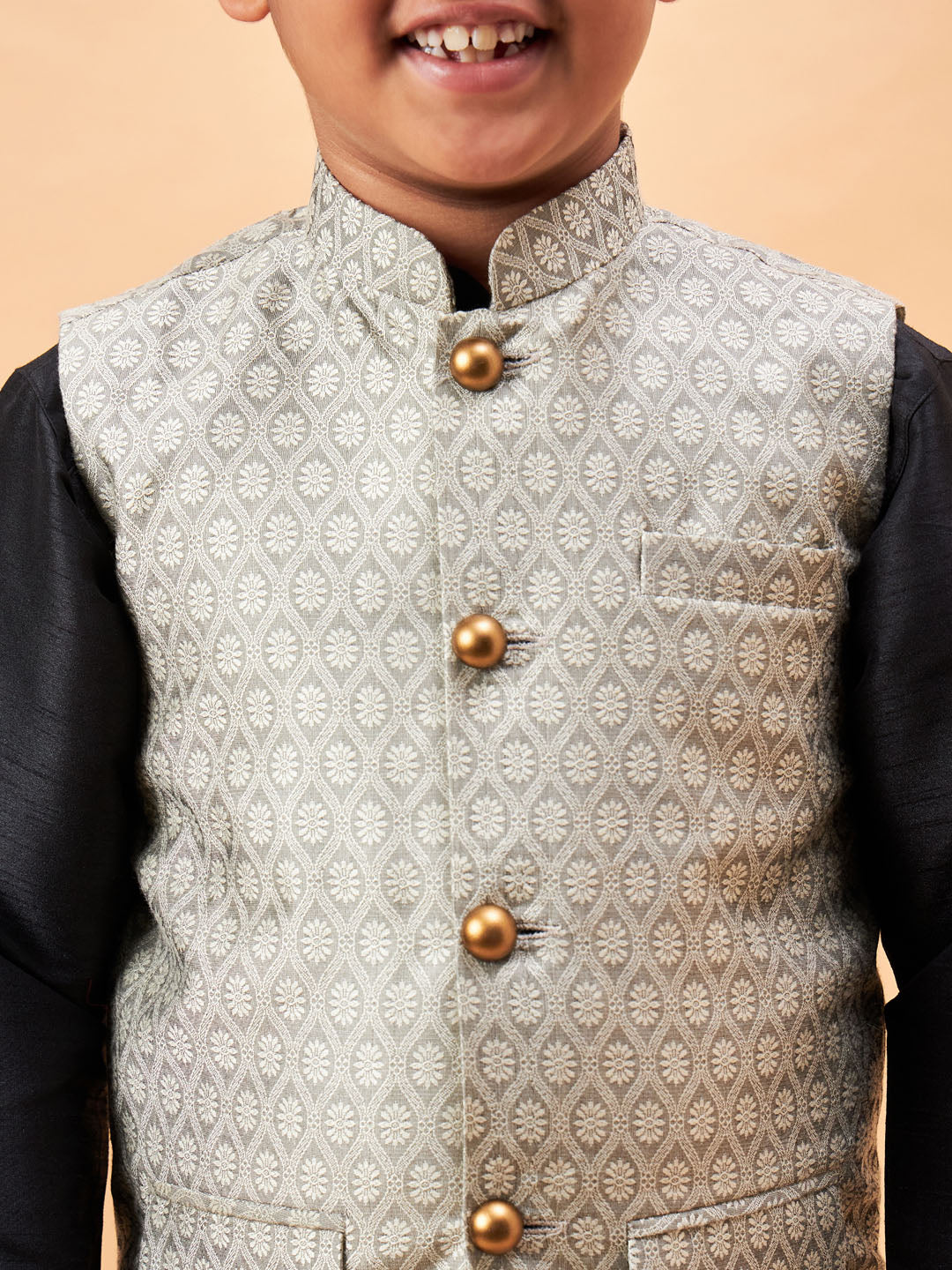 VASTRAMAY Boy's Beige Woven Nehru Jacket With Black Kurta Pyjama Set - qivii