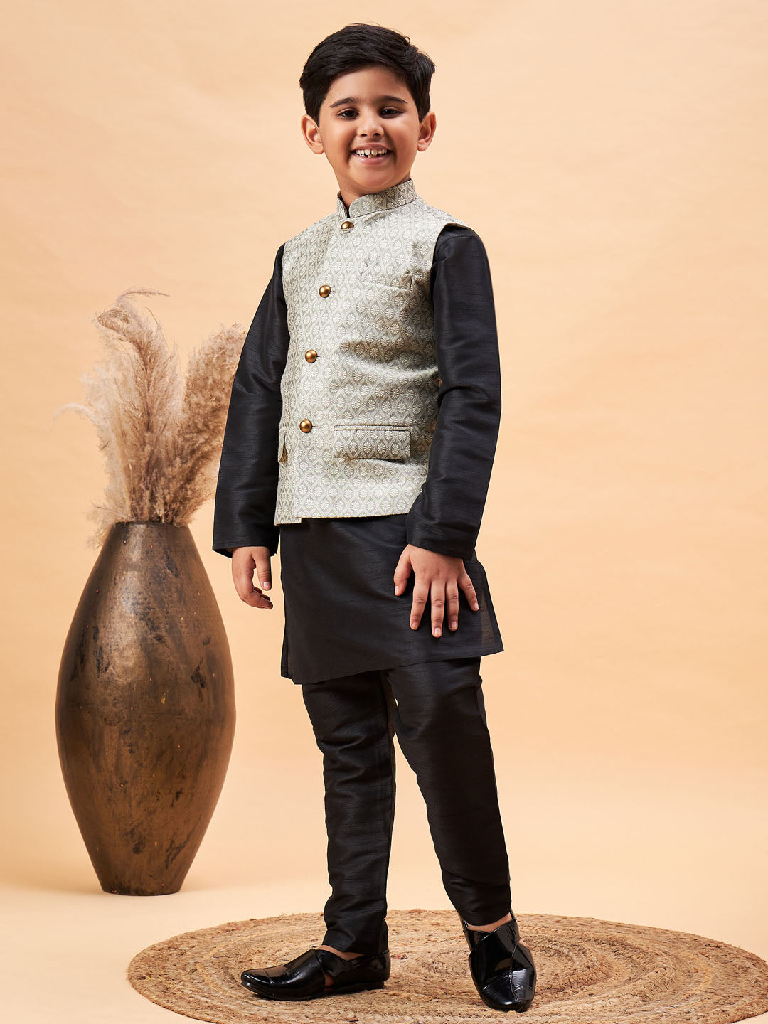 VASTRAMAY Boy's Beige Woven Nehru Jacket With Black Kurta Pyjama Set - qivii