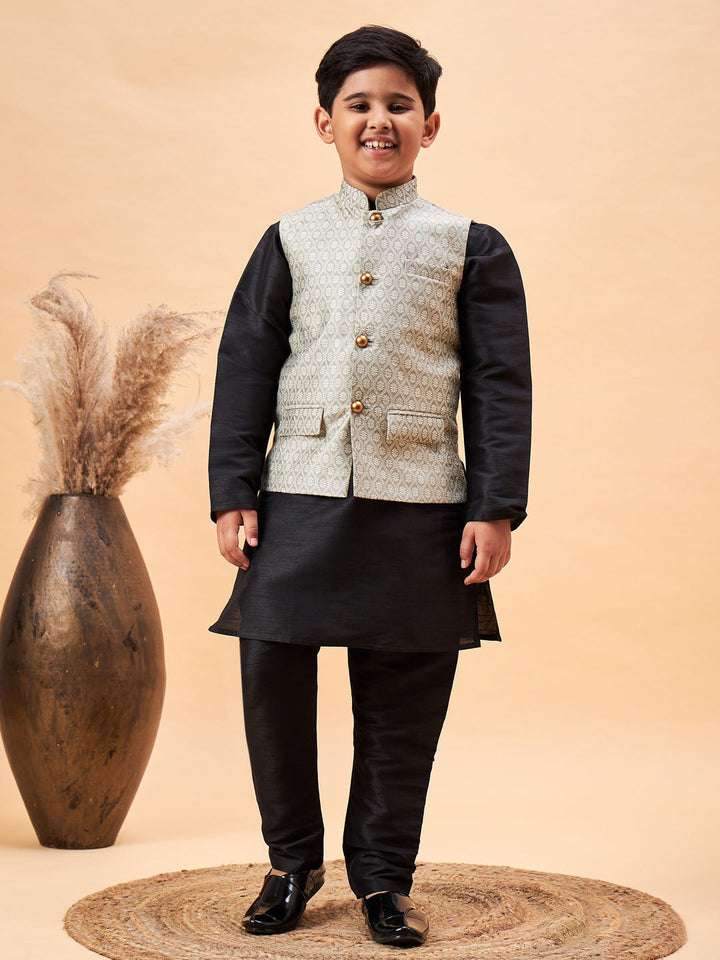VASTRAMAY Boy's Beige Woven Nehru Jacket With Black Kurta Pyjama Set - qivii