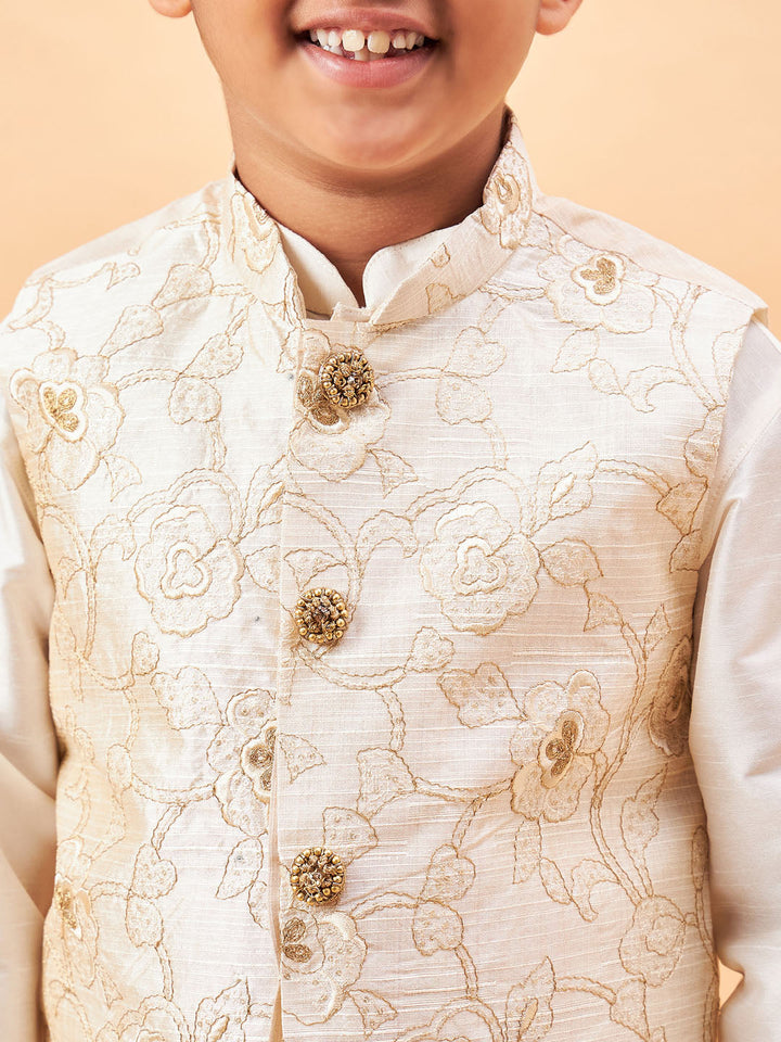 Vastramay Boy's Beige Nehru Jacket With Cream Kurta And Pyjama Set - qivii