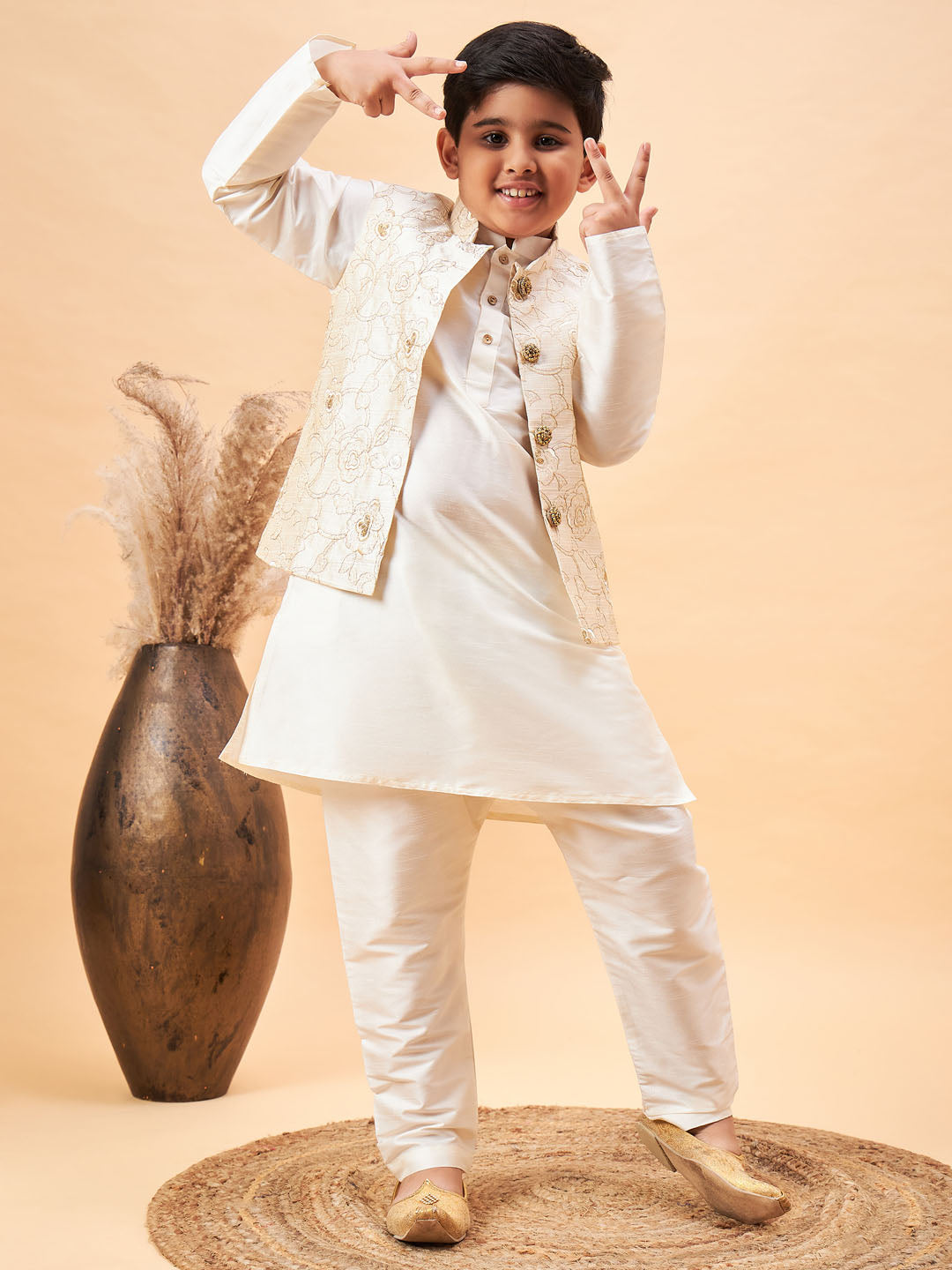 Vastramay Boy's Beige Nehru Jacket With Cream Kurta And Pyjama Set - qivii