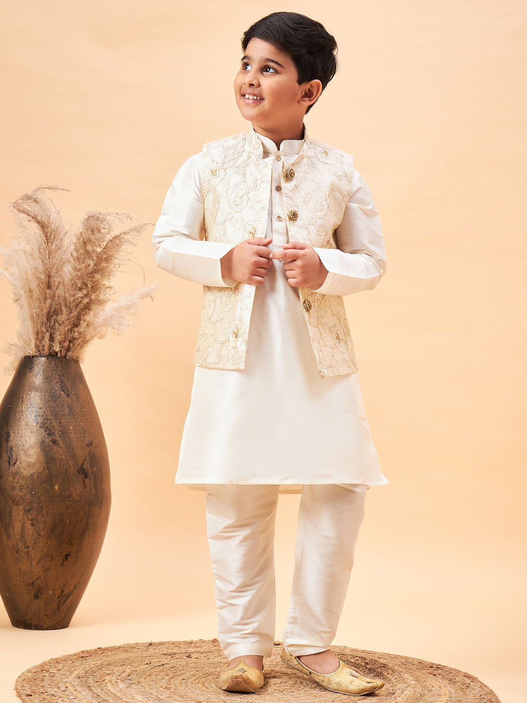 Vastramay Boy's Beige Nehru Jacket With Cream Kurta And Pyjama Set - qivii