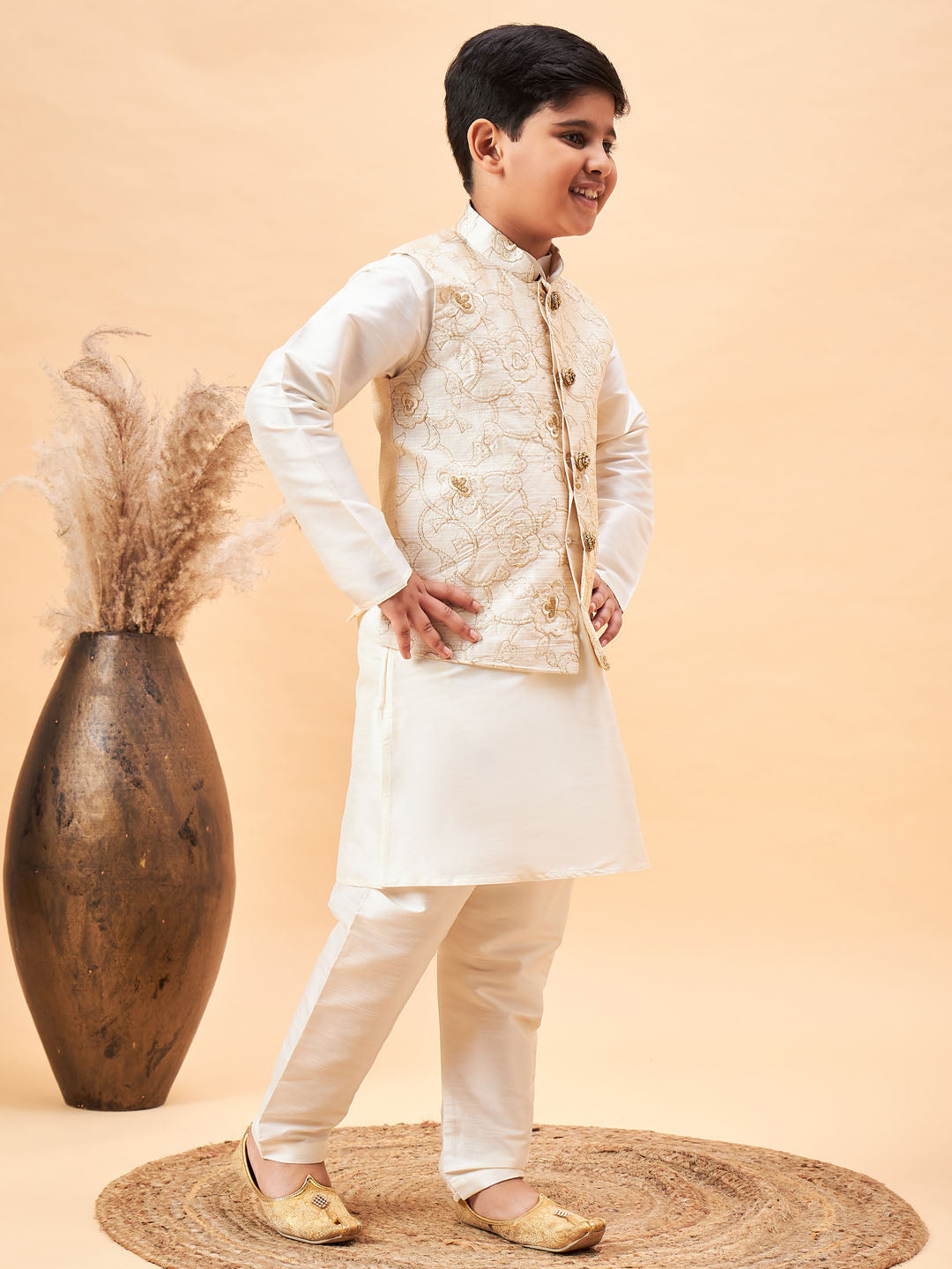 Vastramay Boy's Beige Nehru Jacket With Cream Kurta And Pyjama Set - qivii
