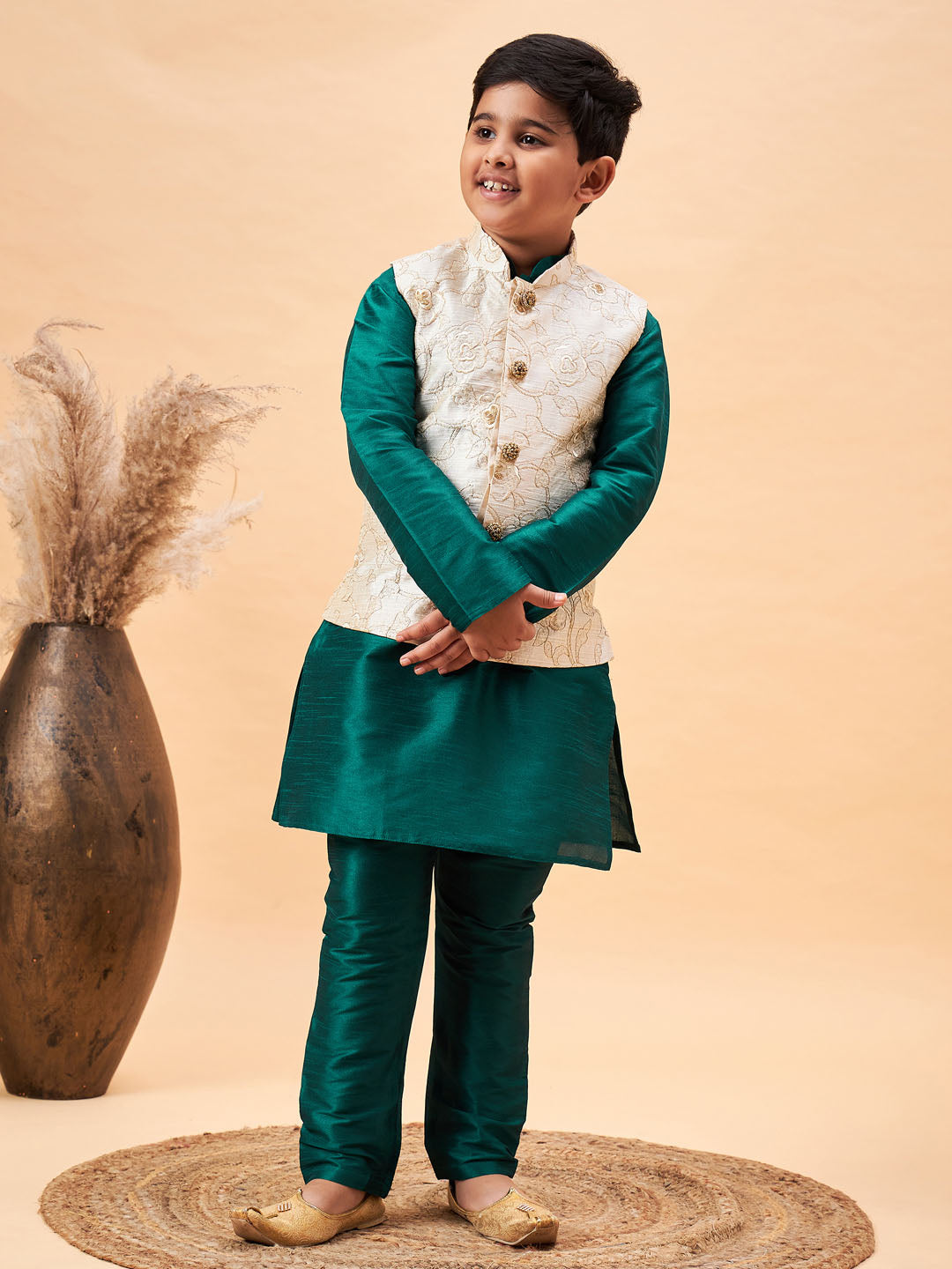 VASTRAMAY Boy's Beige Woven Nehru Jacket With Green Kurta Pyjama Set - qivii