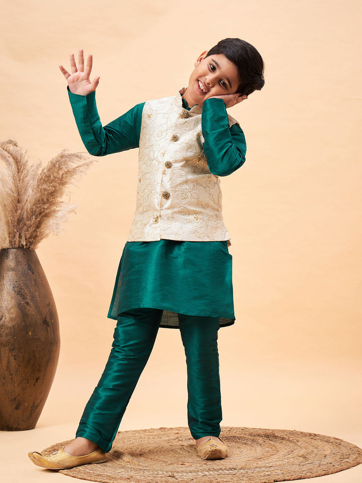 VASTRAMAY Boy's Beige Woven Nehru Jacket With Green Kurta Pyjama Set - qivii