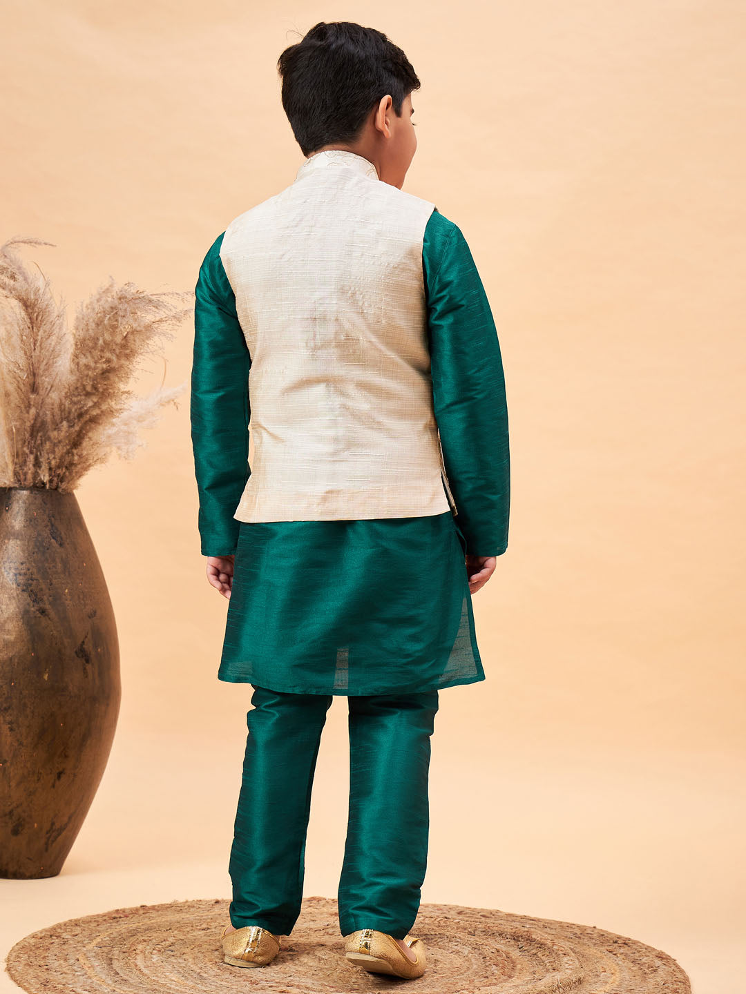 VASTRAMAY Boy's Beige Woven Nehru Jacket With Green Kurta Pyjama Set - qivii