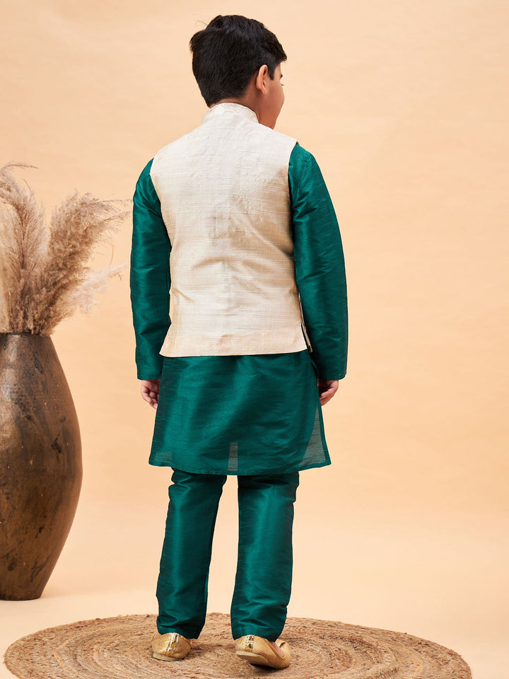 VASTRAMAY Boy's Beige Woven Nehru Jacket With Green Kurta Pyjama Set - qivii
