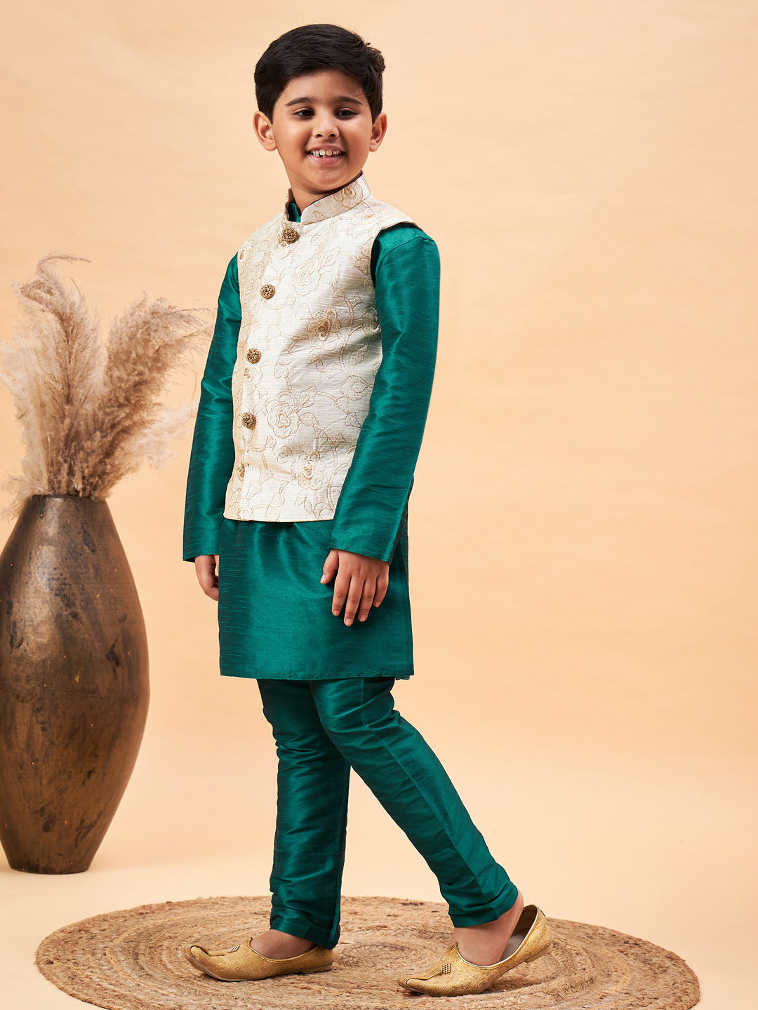 VASTRAMAY Boy's Beige Woven Nehru Jacket With Green Kurta Pyjama Set - qivii