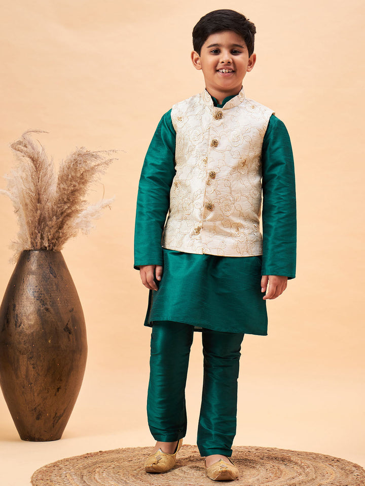 VASTRAMAY Boy's Beige Woven Nehru Jacket With Green Kurta Pyjama Set - qivii