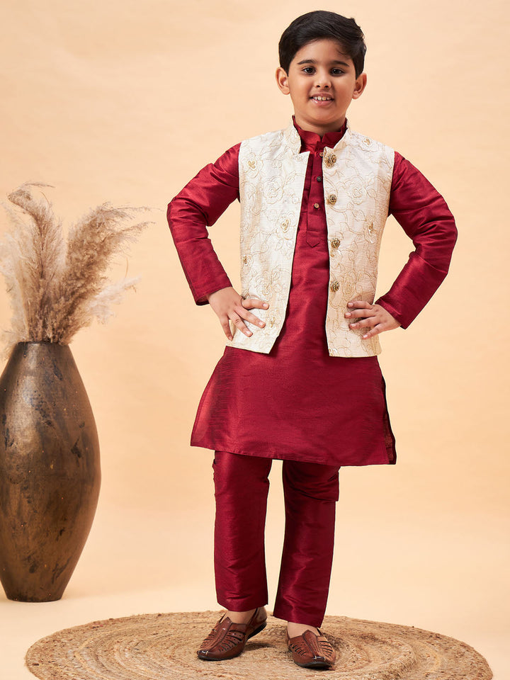 VASTRAMAY Boy's Beige Woven Jacket With Maroon Kurta and Pyjama Set - qivii