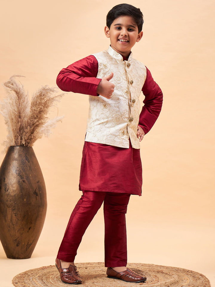 VASTRAMAY Boy's Beige Woven Jacket With Maroon Kurta and Pyjama Set - qivii