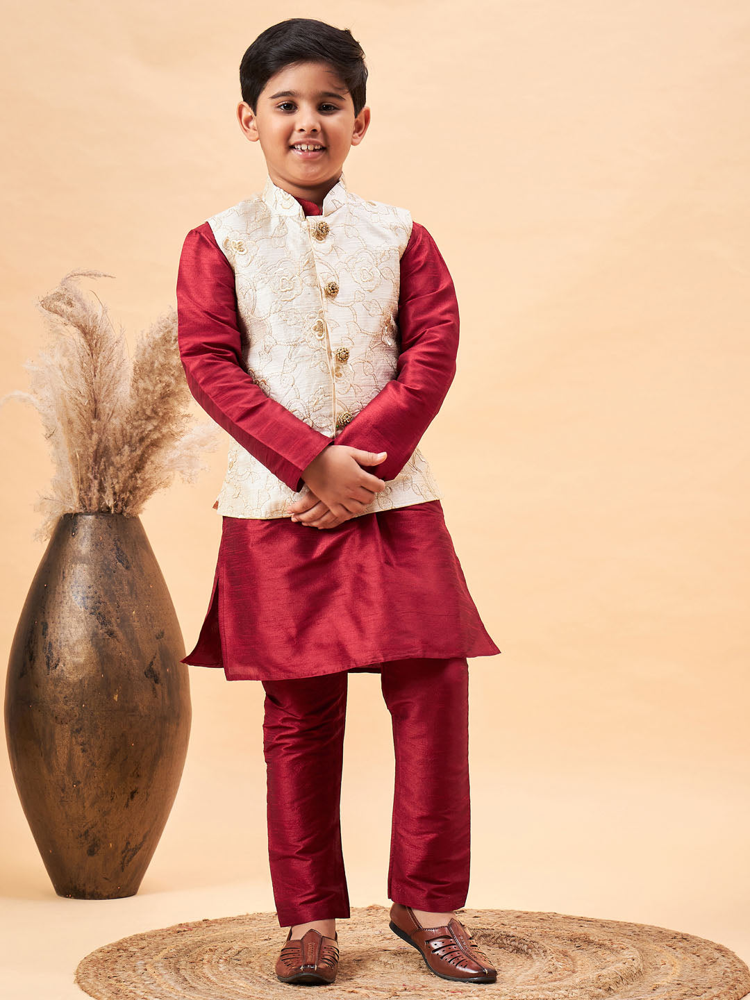 VASTRAMAY Boy's Beige Woven Jacket With Maroon Kurta and Pyjama Set - qivii