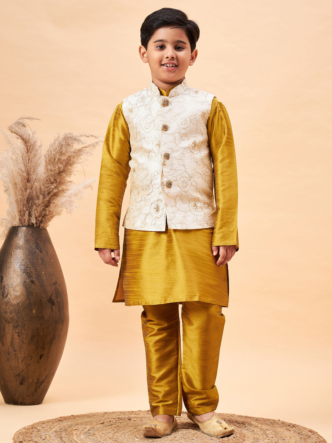 Vastramay Boy's Beige Nehru Jacket With Mustard Kurta And Pyjama Set - qivii