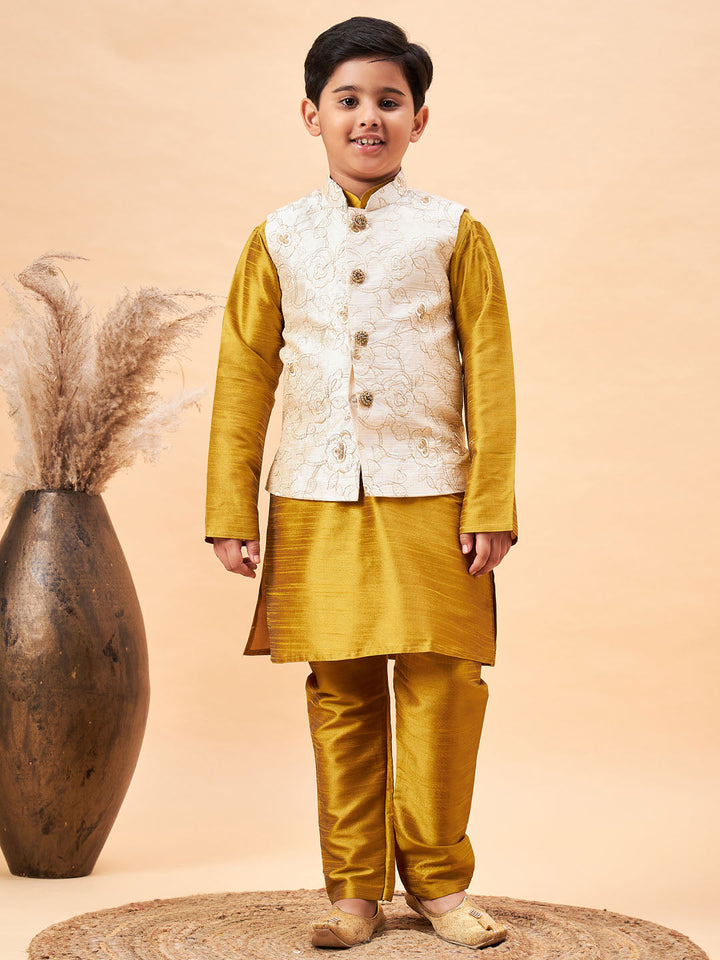 Vastramay Boy's Beige Nehru Jacket With Mustard Kurta And Pyjama Set - qivii