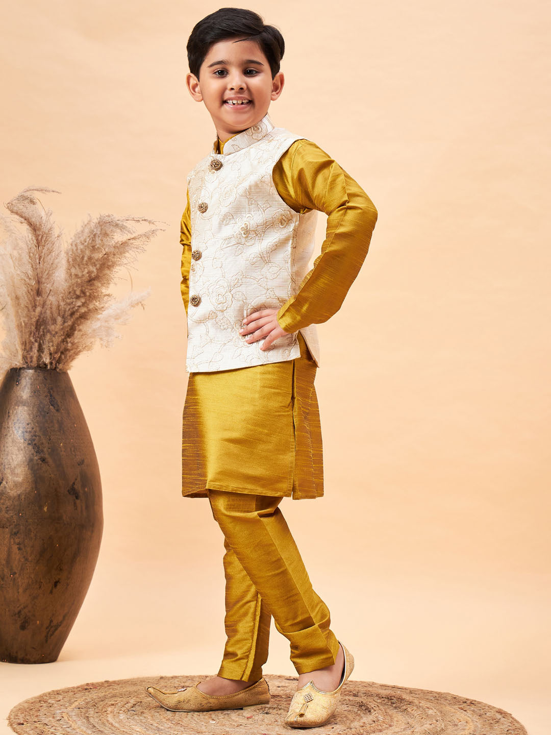 Vastramay Boy's Beige Nehru Jacket With Mustard Kurta And Pyjama Set - qivii