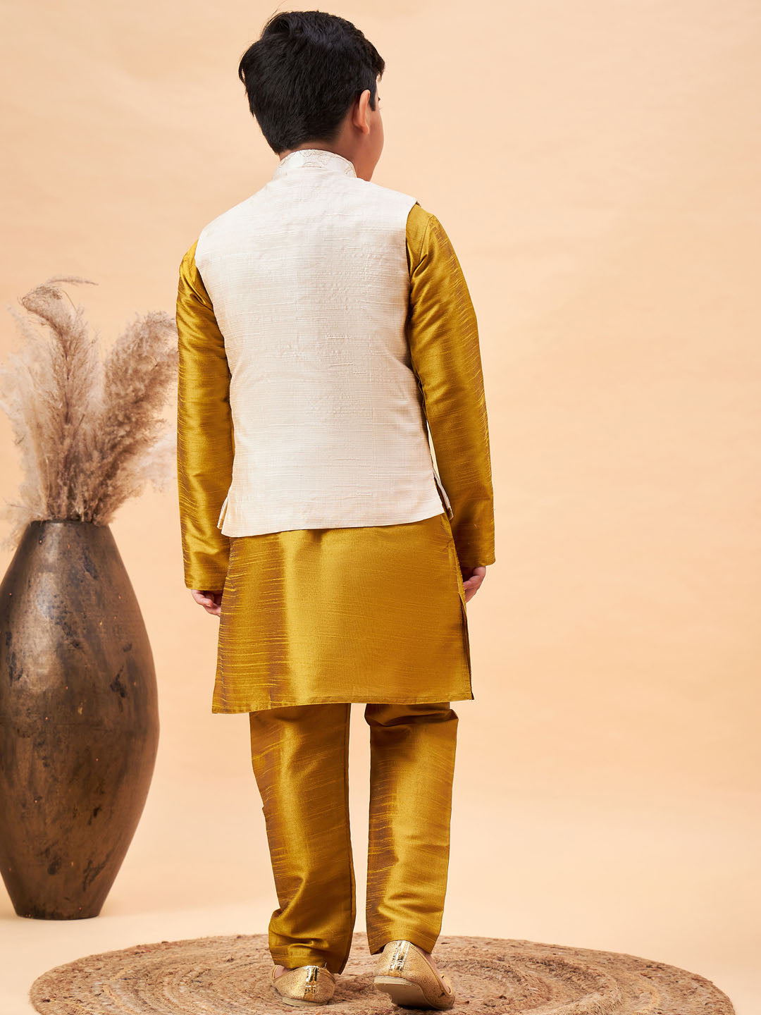 Vastramay Boy's Beige Nehru Jacket With Mustard Kurta And Pyjama Set - qivii
