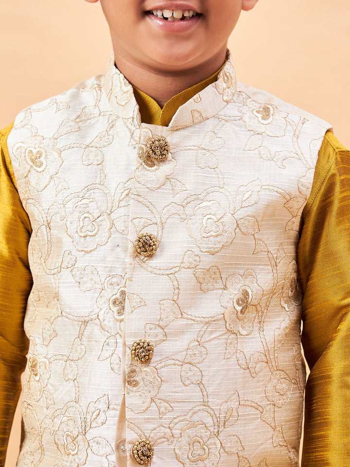 Vastramay Boy's Beige Nehru Jacket With Mustard Kurta And Pyjama Set - qivii