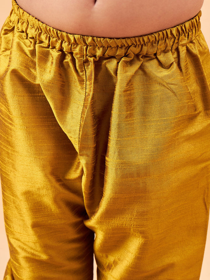 Vastramay Boy's Beige Nehru Jacket With Mustard Kurta And Pyjama Set - qivii