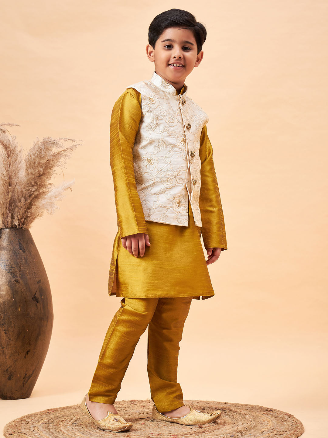 Vastramay Boy's Beige Nehru Jacket With Mustard Kurta And Pyjama Set - qivii