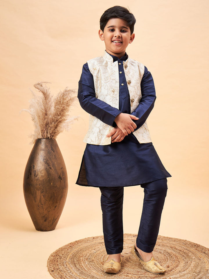 VASTRAMAY Boy's Beige Woven Nehru Jacket With Navy Blue Kurta Pyjama Set - qivii