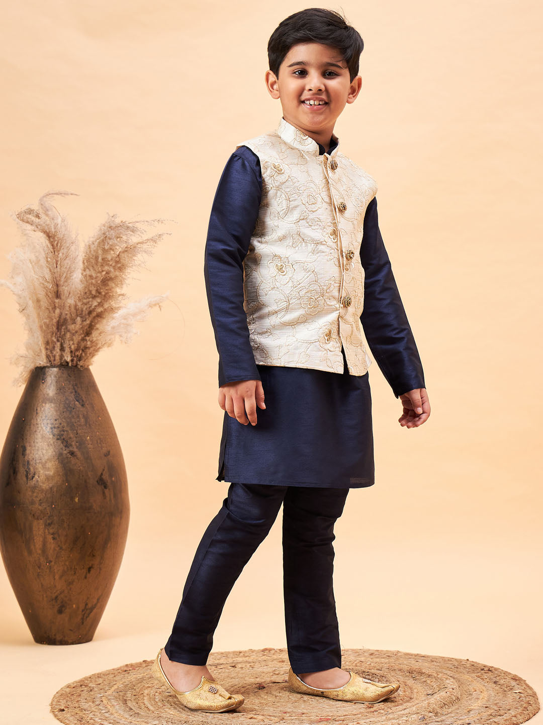 VASTRAMAY Boy's Beige Woven Nehru Jacket With Navy Blue Kurta Pyjama Set - qivii