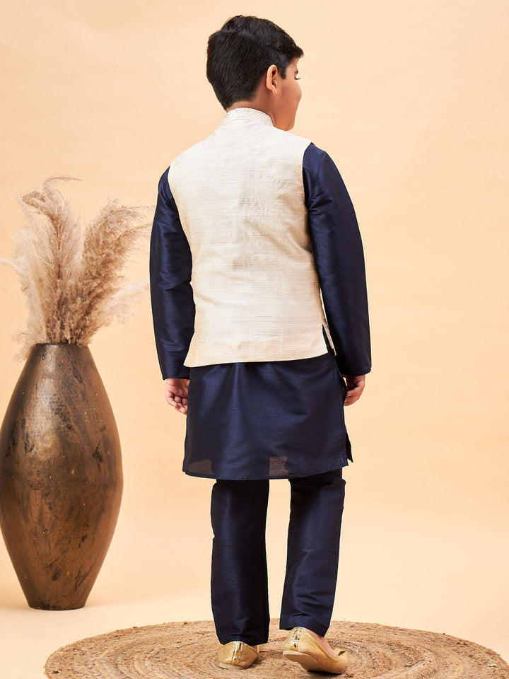 VASTRAMAY Boy's Beige Woven Nehru Jacket With Navy Blue Kurta Pyjama Set - qivii