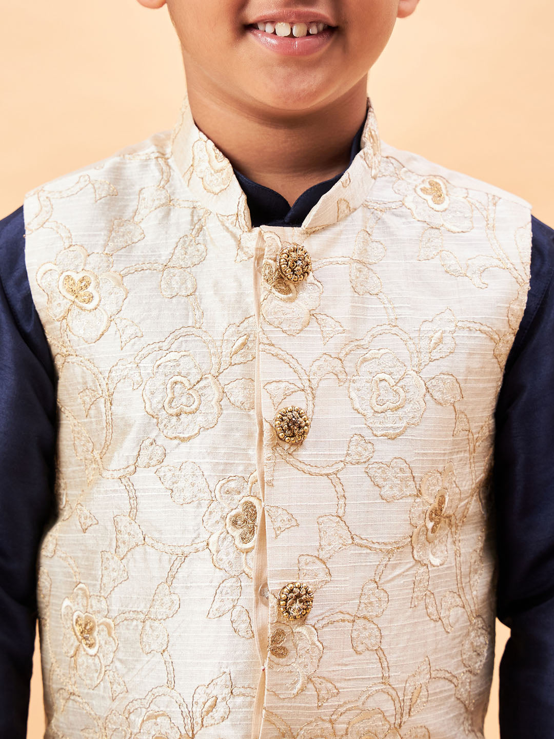 VASTRAMAY Boy's Beige Woven Nehru Jacket With Navy Blue Kurta Pyjama Set - qivii
