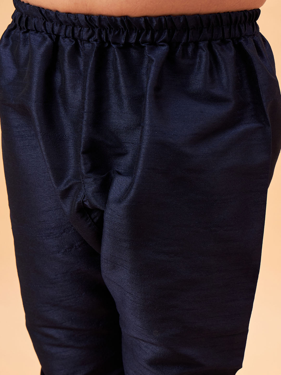 VASTRAMAY Boy's Beige Woven Nehru Jacket With Navy Blue Kurta Pyjama Set - qivii