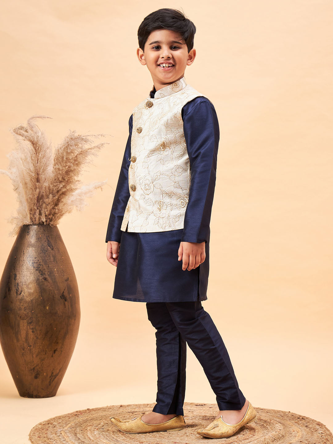 VASTRAMAY Boy's Beige Woven Nehru Jacket With Navy Blue Kurta Pyjama Set - qivii