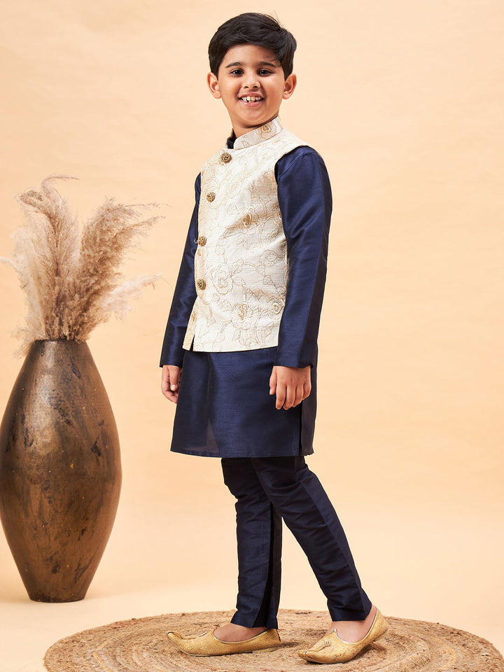 VASTRAMAY Boy's Beige Woven Nehru Jacket With Navy Blue Kurta Pyjama Set - qivii