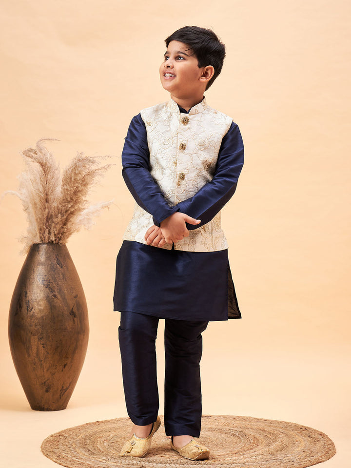 VASTRAMAY Boy's Beige Woven Nehru Jacket With Navy Blue Kurta Pyjama Set - qivii