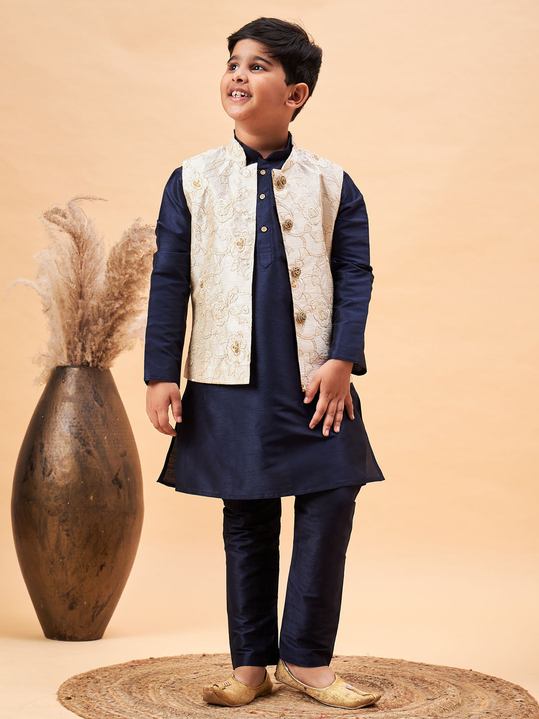VASTRAMAY Boy's Beige Woven Nehru Jacket With Navy Blue Kurta Pyjama Set - qivii