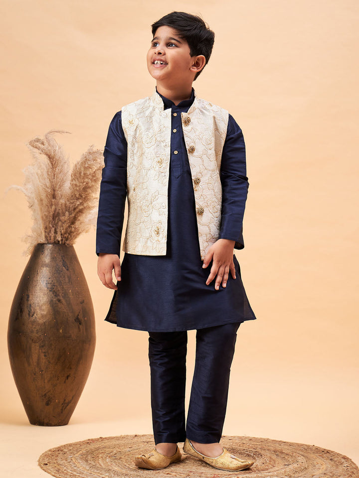 VASTRAMAY Boy's Beige Woven Nehru Jacket With Navy Blue Kurta Pyjama Set - qivii