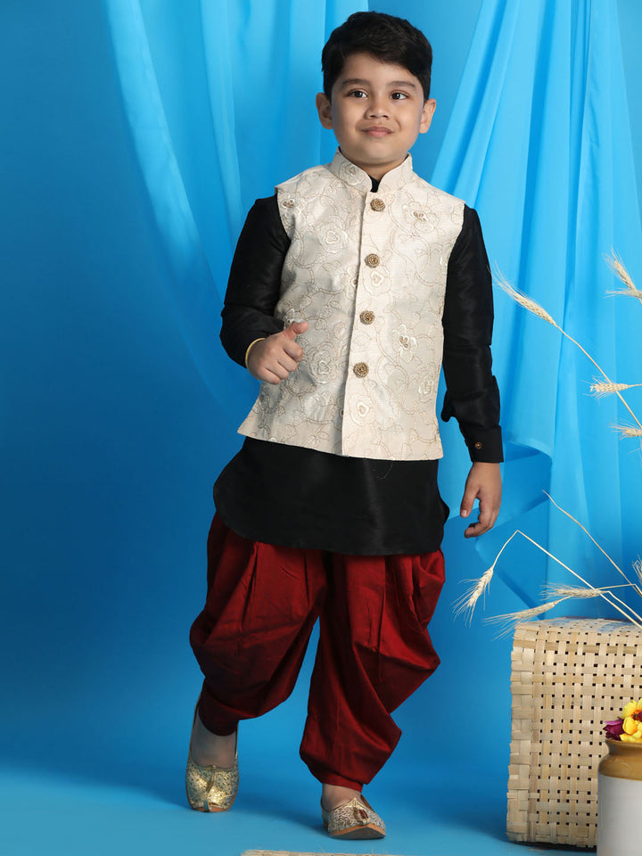 VASTRAMAY Boy's Beige Embroidered Nehru Jacket With Black Kurta And Maroon Dhoti Set - qivii