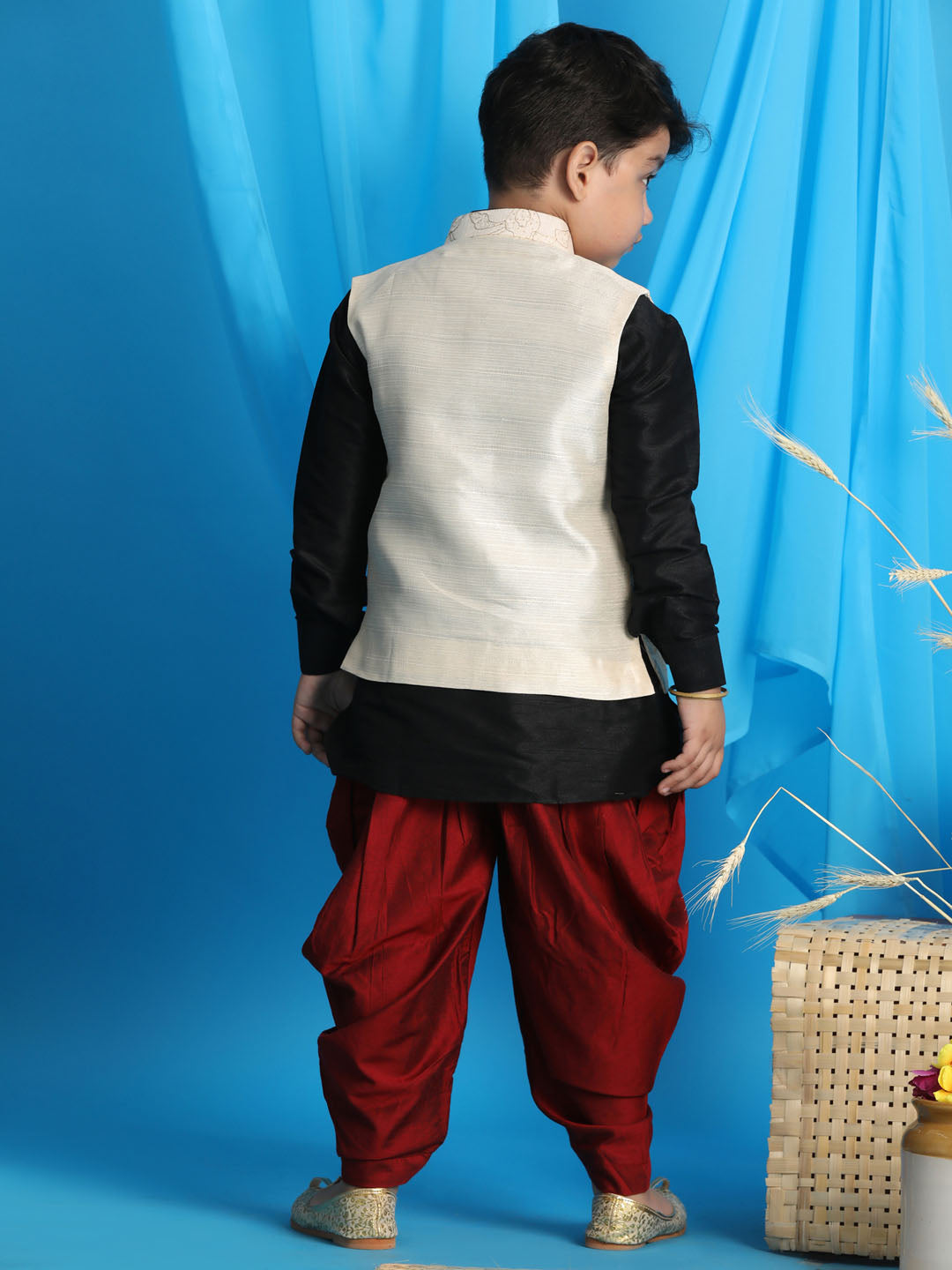 VASTRAMAY Boy's Beige Embroidered Nehru Jacket With Black Kurta And Maroon Dhoti Set - qivii