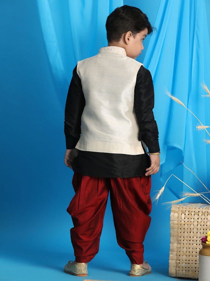 VASTRAMAY Boy's Beige Embroidered Nehru Jacket With Black Kurta And Maroon Dhoti Set - qivii