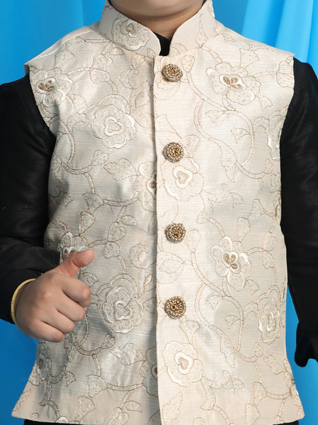 VASTRAMAY Boy's Beige Embroidered Nehru Jacket With Black Kurta And Maroon Dhoti Set - qivii